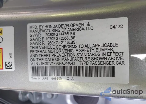 2022 Honda Accord Sport z USA, uszkodzony, nr VIN 1HGCV1F36NA044643